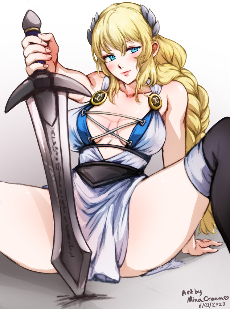 artist_name blonde_hair blue_eyes blush braid cross-laced_clothes dated dress hair_ornament laurel_crown long_hair mina_cream single_braid solo sophitia_alexandra soulcalibur soulcalibur_vi spread_legs sword thighhighs weapon white_dress