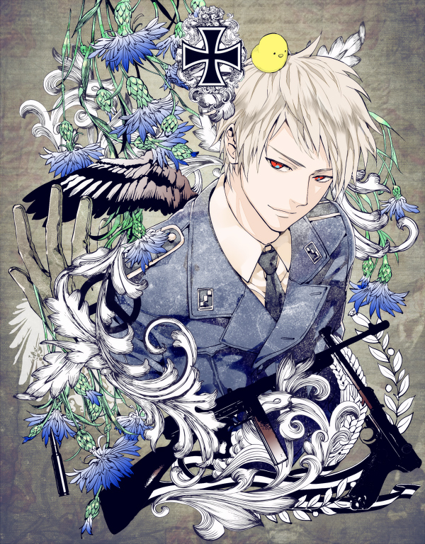 1boy animal animal_on_head axis_powers_hetalia bird black_ribbon black_wings blue_flower blue_jacket blue_necktie chick closed_mouth collar_tabs collared_shirt commentary_request cross feathered_wings flower gloves grey_background grey_gloves gun handgun iron_cross jacket lapels looking_at_viewer luger_p08 male_focus military_jacket military_uniform necktie notched_lapels on_head peace_symbol prussia_(hetalia) red_eyes ribbon saimu shirt short_hair shoulder_boards smile solo submachine_gun thompson_submachine_gun two-tone_ribbon uniform upper_body weapon whip white_hair white_ribbon white_shirt white_wings wings wreath