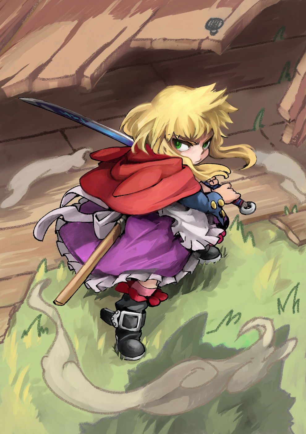 1girl apron battoujutsu_stance belt_boots black_footwear blonde_hair boots buckle capelet closed_mouth dust_cloud fighting_stance frilled_skirt frills grass green_eyes highres holding holding_sword holding_weapon hood hooded_capelet katana little_red_riding_hood little_red_riding_hood_(grimm) long_hair looking_back purple_skirt ready_to_draw red_capelet red_hood rightorisamraido3 serious sidelocks skirt solo sword v-shaped_eyebrows weapon white_apron wooden_floor