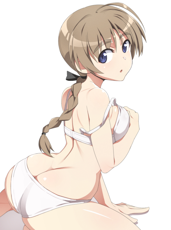 1girl ass blue_eyes blush bra braid braided_ponytail breasts brown_hair hair_ribbon large_breasts long_hair looking_at_viewer lynette_bishop nanashino open_mouth panties ribbon shiny_skin simple_background solo strike_witches underwear white_background white_bra white_panties world_witches_series