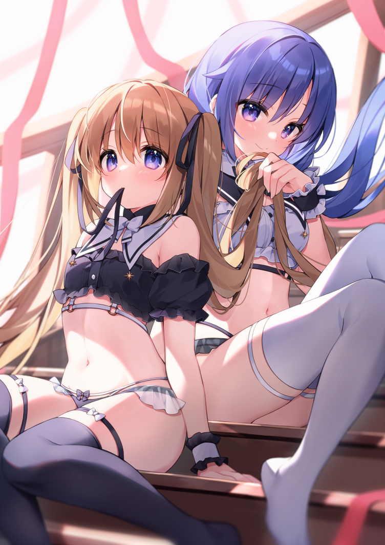 2girls bare_shoulders black_panties black_shirt black_thighhighs blonde_hair blue_hair brown_hair crop_top detached_sleeves frills grabbing_another's_hair holding holding_hair long_hair looking_at_viewer mouth_hold multiple_girls navel original panties purple_eyes purple_hair ribbon shirt short_sleeves sitting stomach suimya thigh_strap thighhighs thighs twintails underwear very_long_hair white_thighhighs wrist_cuffs