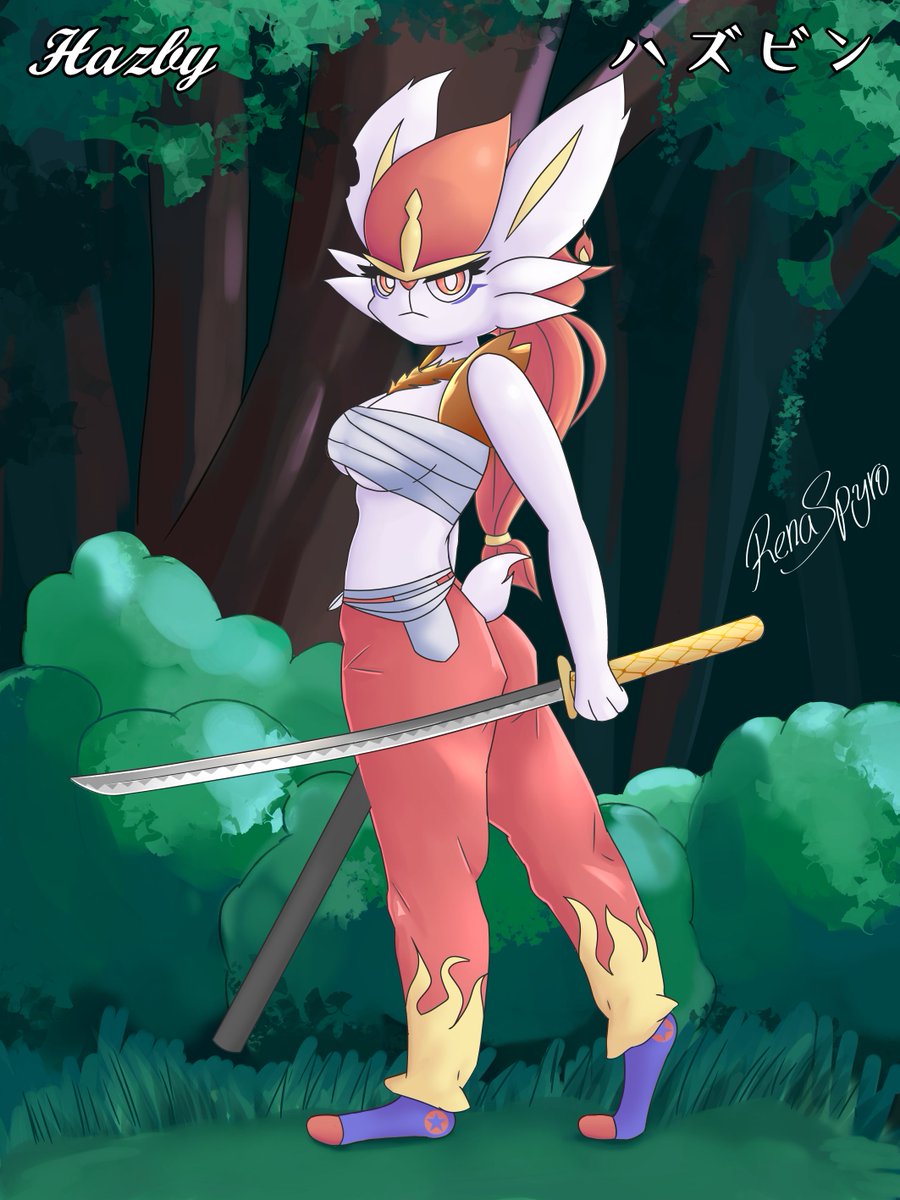 amira_o'neil anthro bandage bandaged_chest bottomwear breasts cinderace clothing female generation_8_pokemon hair hi_res melee_weapon nintendo notched_ear outside pants pokemon pokemon_(species) red_eyes red_hair renaspyro scut_tail short_tail solo sword tail weapon white_body