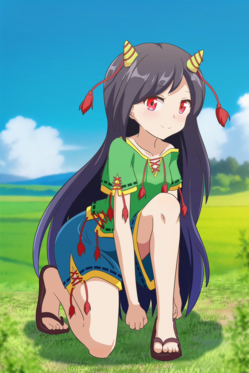 1girl barefoot black_hair blue_shorts cato_(monocatienus) closed_mouth day full_body grass green_shirt highres horns long_hair looking_at_viewer nippaku_zanmu oni_horns outdoors red_eyes shirt short_sleeves shorts smile solo touhou