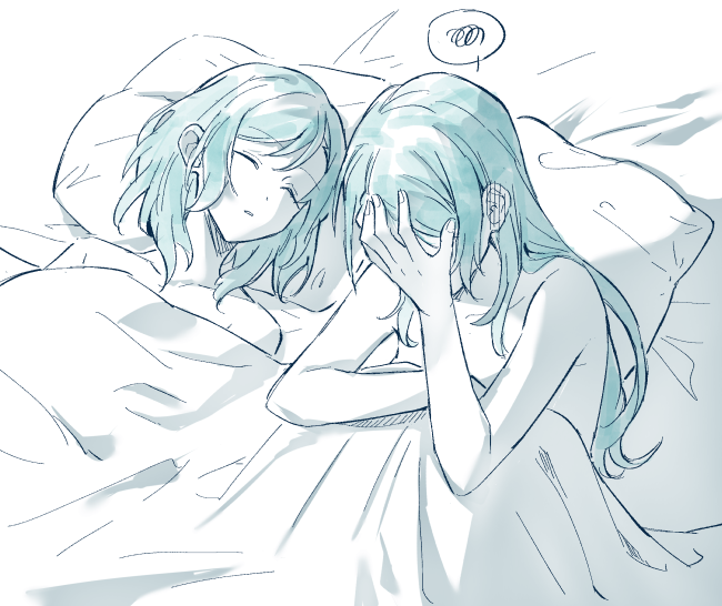 2girls after_sex akni aqua_hair bang_dream! bed_sheet closed_eyes commentary_request facepalm hikawa_hina hikawa_sayo incest long_hair medium_hair multiple_girls naked_sheet nude pillow siblings sisters sleeping spoken_squiggle squiggle twincest twins yuri