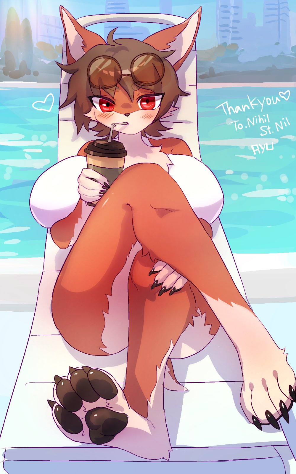 &lt;3 2023 4_toes 5_fingers anthro arms_bent bendy_straw bent_legs beverage big_breasts black_pawpads black_toe_claws blush blush_lines breasts canid canine canis cheek_tuft chest_tuft city city_background claws container crossed_legs domestic_dog drinking english_text eyebrow_through_hair eyebrows eyewear facial_tuft feet female female_anthro fingers full-length_portrait fur garyu410 glasses glistening glistening_eyes hair heart_after_text hi_res holding_beverage holding_container holding_object leg_tuft looking_at_viewer lying mammal mila_croix_(nofacelord) multicolored_body multicolored_fur on_back pawpads portrait red_eyes short_hair signature small_nose solo straw text toe_claws toes translucent translucent_hair tuft two_tone_body two_tone_fur water