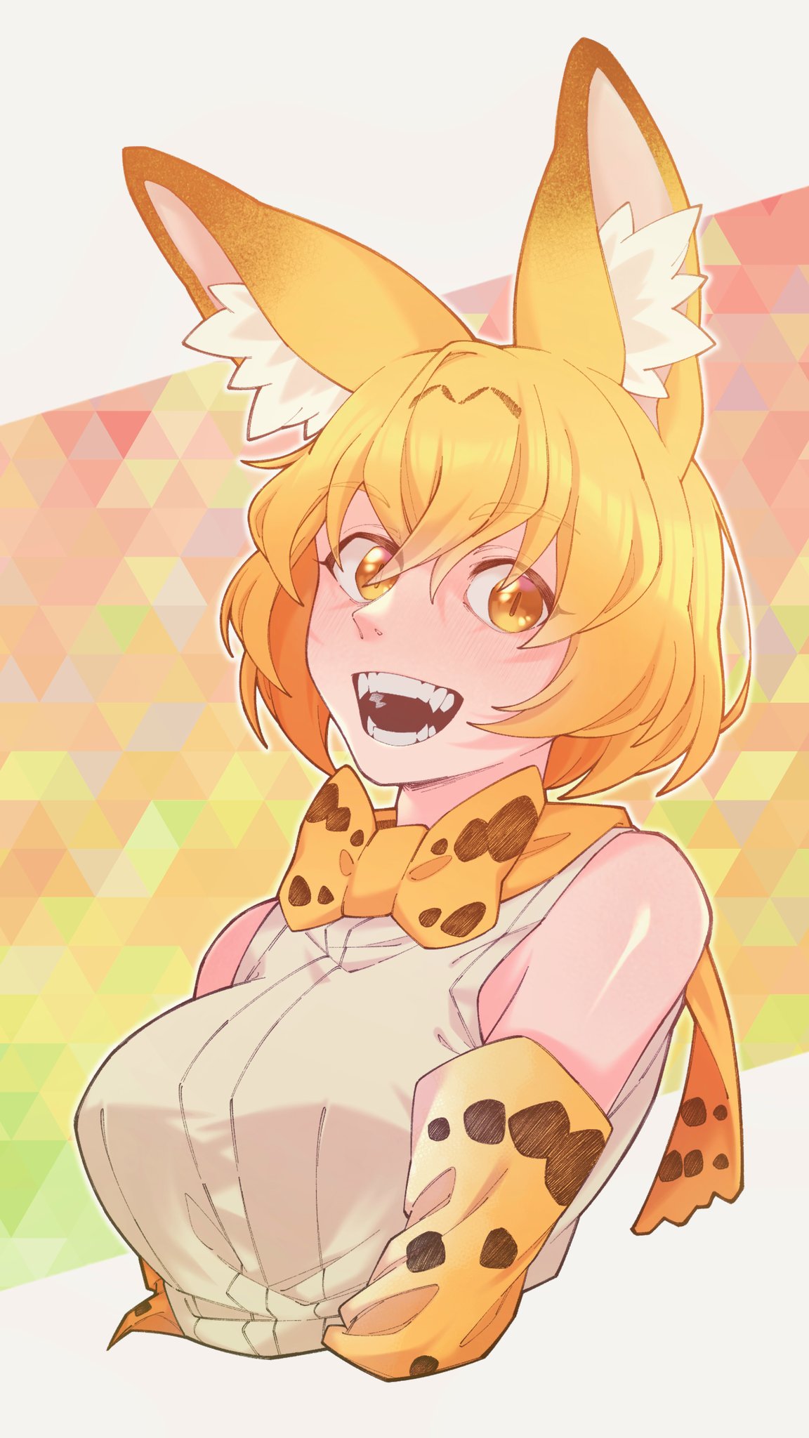 1girl animal_ears bare_shoulders blonde_hair bow bowtie cat_ears cat_girl elbow_gloves gloves hauru_252 highres kemono_friends looking_at_viewer open_mouth scarf serval_(kemono_friends) shirt short_hair simple_background sleeveless sleeveless_shirt solo upper_body white_shirt yellow_bow yellow_bowtie yellow_eyes yellow_gloves
