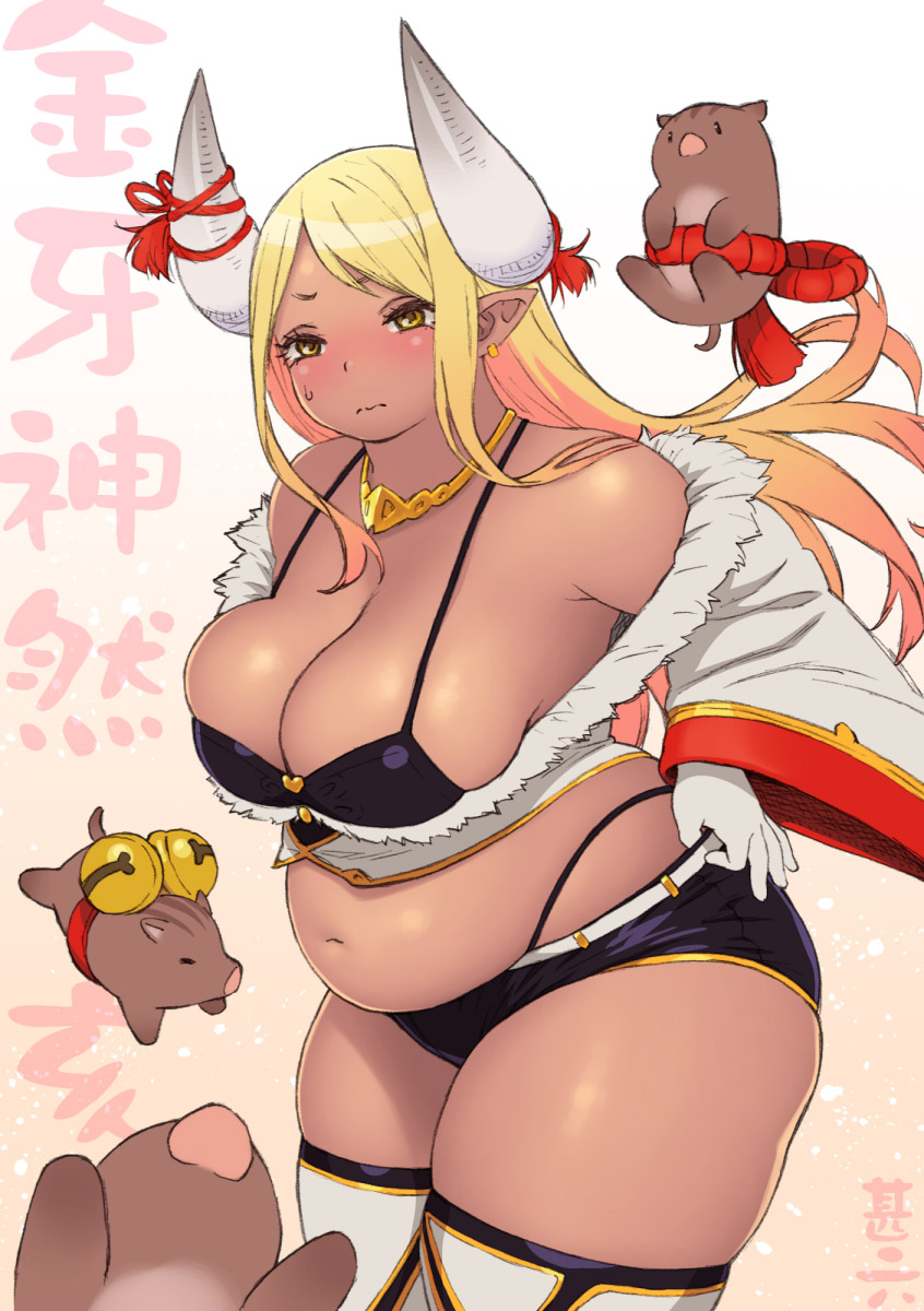 1girl bare_shoulders blonde_hair blush breasts cleavage closed_mouth commentary_request cowboy_shot dark_skin fur_trim gloves gradient_background granblue_fantasy highres horn_ornament horn_ribbon horns jinroku kumbhira_(granblue_fantasy) large_breasts light_brown_background long_hair looking_at_viewer navel off_shoulder pointy_ears ribbon short_shorts shorts sidelocks sweatdrop thick_thighs thighhighs thighs translation_request white_background white_gloves wide_sleeves yellow_eyes