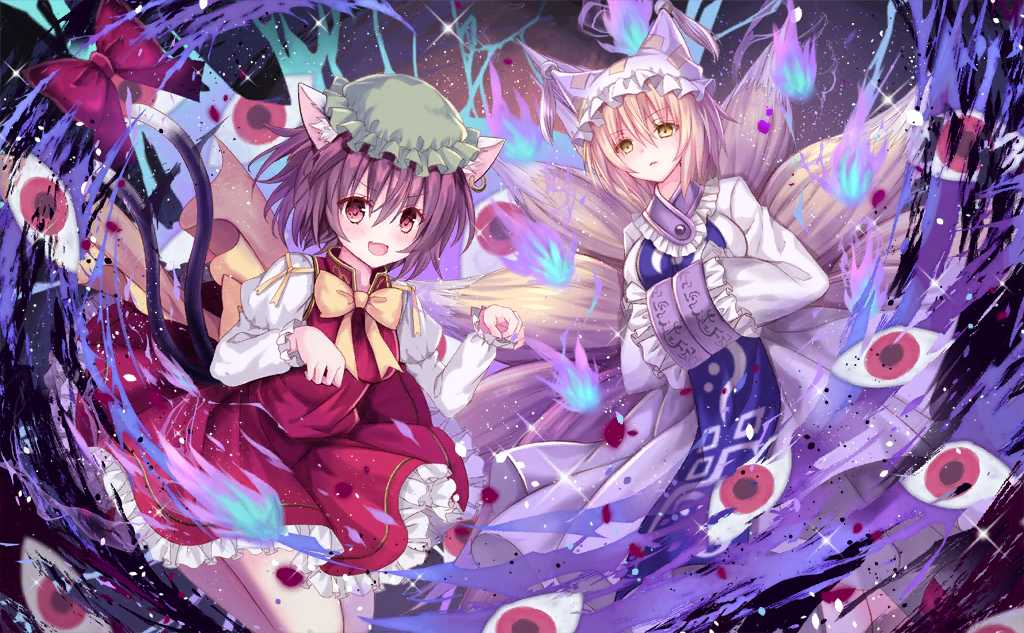 2girls animal_ear_fluff animal_ear_piercing animal_ears back_bow black_background blonde_hair blue_fire blue_tabard bow bowtie breasts cat_ears cat_tail chen circle_skirt clothes_lift collar collared_vest colored_eyepatch dress eyeball eyepatch fang fire fox_ears fox_tail frilled_collar frilled_hat frilled_skirt frilled_sleeves frills game_cg gap_(touhou) gold_trim green_headwear hat hoop_piercing juliet_sleeves large_breasts light_frown long_dress long_sleeves looking_at_viewer miniskirt mob_cap multiple_girls multiple_tails nekomata nozomi_fuuten official_art open_clothes own_hands_together parted_lips paw_pose puffy_sleeves purple_collar red_bow red_eyes red_skirt red_vest ribbon shirt short_hair skirt skirt_lift skirt_set sleeve_ribbon sleeves_past_fingers sleeves_past_wrists small_breasts sparkle tabard tail tassel_hat_ornament touhou touhou_cannonball two_tails v_arms vest white_dress white_headwear white_shirt wide_sleeves yakumo_ran yellow_bow yellow_bowtie yellow_eyes yellow_ribbon