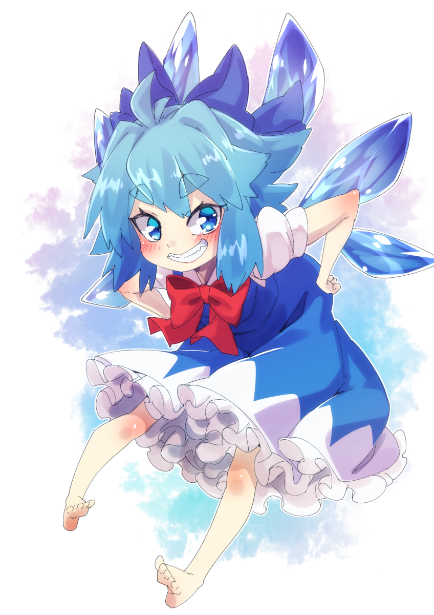 1girl barefoot blue_bow blue_dress blue_eyes blue_hair blush bow bowtie cirno detached_wings dress full_body hair_bow hands_on_hips highres leaning_forward medium_hair petticoat pinafore_dress puffy_short_sleeves puffy_sleeves red_bow red_bowtie shirt short_sleeves simple_background solo teeth touhou white_shirt wings yuuki_(yuyuki000)