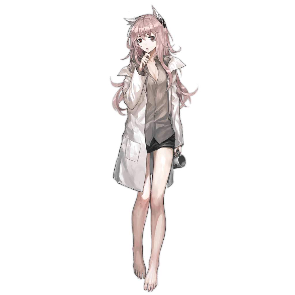 1girl animal_ears bags_under_eyes barefoot black_skirt bow breasts cat_ears cleavage cup feet full_body girls'_frontline green_shirt hair_between_eyes hair_bow hand_on_own_chin head_tilt holding holding_cup infukun labcoat long_hair long_sleeves looking_at_viewer medium_breasts messy_hair non-web_source off_shoulder official_art open_mouth persica_(girls'_frontline) pink_hair red_eyes scientist shirt simple_background skirt solo standing stroking_own_chin toenails toes transparent_background unbuttoned unbuttoned_shirt