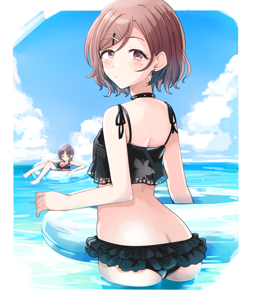 2girls afloat ahoge asakura_toru ass back bikini black_bikini black_choker blue_hair blue_sky blush breasts brown_eyes brown_hair choker closed_eyes closed_mouth cloud cowboy_shot day dot_nose earrings frilled_bikini frills from_behind gradient_hair hair_ornament hairclip hand_up higuchi_madoka holding holding_innertube idolmaster idolmaster_shiny_colors innertube jewelry knees_up looking_at_viewer looking_back medium_breasts mole mole_under_eye morina_nao multicolored_hair multiple_girls ocean parted_bangs partially_submerged print_bikini short_hair sky standing swept_bangs swimsuit triangle_earrings wading