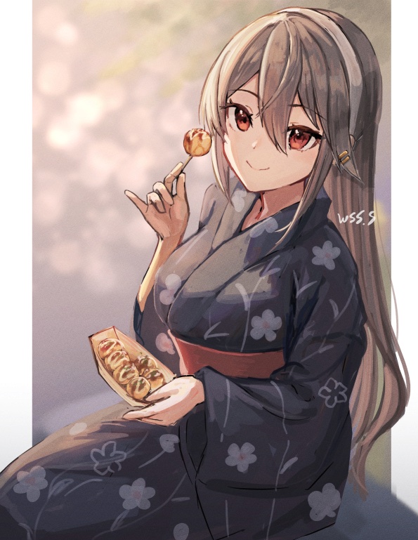 1girl alternate_costume artist_name black_kimono brown_eyes commentary_request floral_print food grey_hair hair_ornament hairband hairclip haruna_(kancolle) japanese_clothes kantai_collection kimono obi sash sitting smile solo takoyaki white_hairband wss_(nicoseiga19993411) yukata