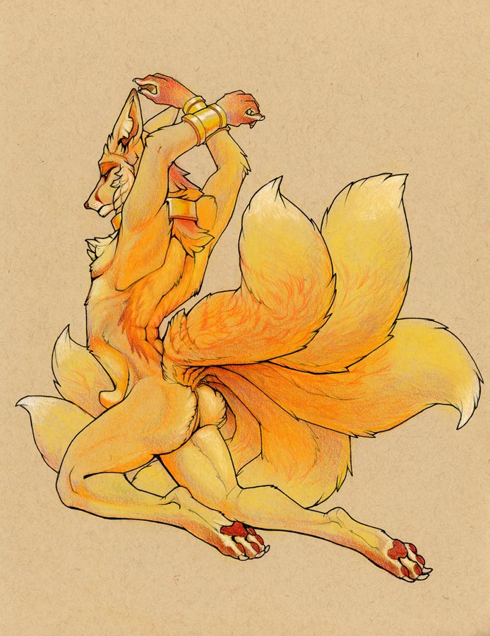 2020 4_toes 5_fingers animal_genitalia anthro bracelet brown_body brown_fur butt_tuft canid canine feet fingers fox fox_spirit fur genitals hibbary jewelry kneeling male mammal markings orange_body orange_fur pawpads pecs sheath simple_background solo tail toes tuft