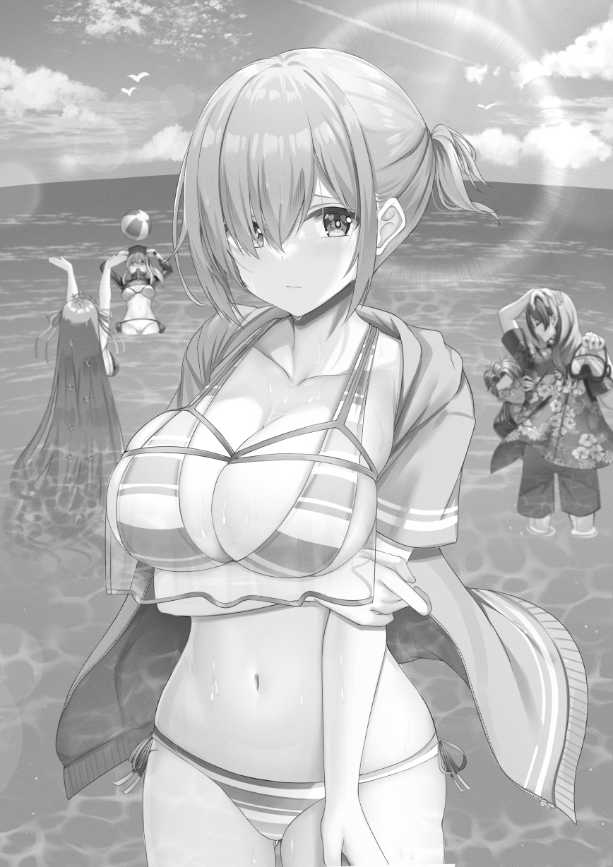 1boy 4girls arms_up artoria_pendragon_(fate) ball bb_(fate) bb_(swimsuit_mooncancer)_(fate) beachball bikini black_shirt blonde_hair breasts character_request closed_mouth cloud collarbone commentary_request day fate/grand_order fate_(series) floral_print hair_ornament hair_over_one_eye highres horizon jacket kanikou large_breasts long_hair looking_at_viewer mash_kyrielight monochrome multiple_girls mysterious_heroine_xx_(fate) navel ocean open_clothes open_jacket outdoors print_shirt shirt short_hair side-tie_bikini_bottom sky solo_focus standing star_(symbol) star_hair_ornament striped striped_bikini sunglasses sunlight swimsuit very_long_hair wet wet_hair white_bikini