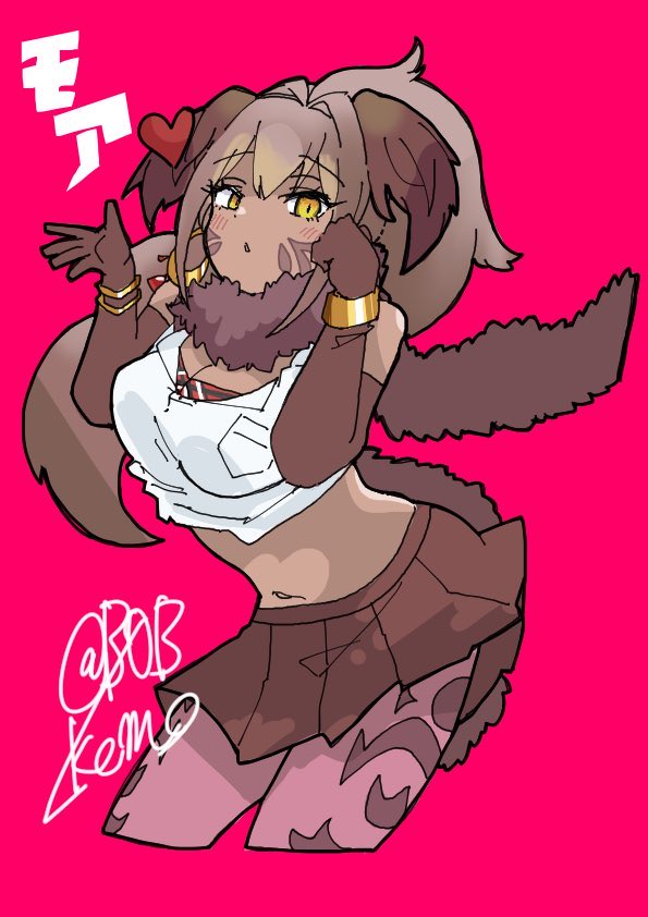 1girl b0b_kemo bare_shoulders bird_girl bird_tail bird_wings blush bracelet breast_pocket breasts brown_gloves brown_hair brown_scarf brown_skirt cleavage cowboy_shot cropped_legs cropped_shirt dark-skinned_female dark_skin double-parted_bangs elbow_gloves empty_eyes facial_mark fur_scarf gloves hands_up head_wings heart high_ponytail jewelry kemono_friends large_breasts leaning_forward long_hair looking_at_viewer midriff miniskirt navel north_island_giant_moa_(kemono_friends) pantyhose parted_lips pink_background pink_pantyhose pleated_skirt pocket scarf shirt simple_background skirt sleeveless sleeveless_shirt slit_pupils solo stomach tail twitter_username very_long_hair white_shirt wings yellow_eyes