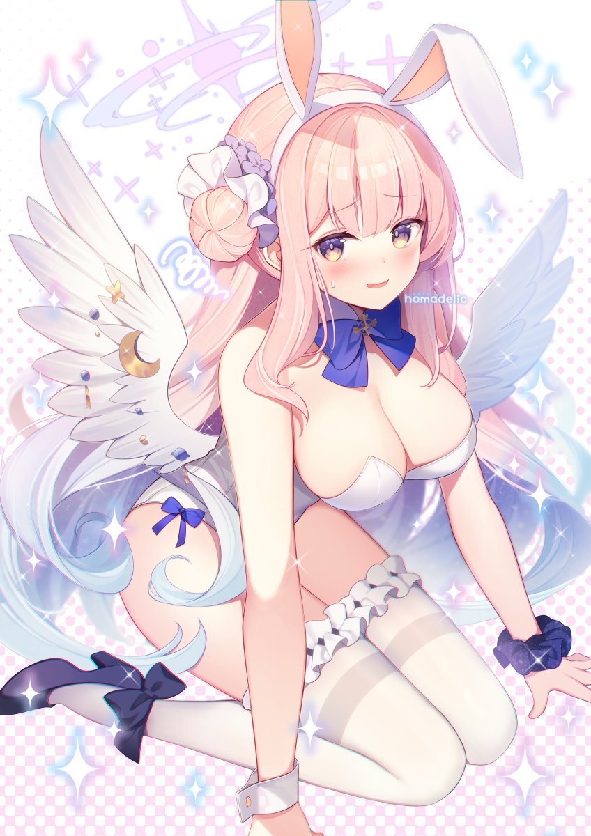 1girl angel_wings animal_ears bare_shoulders black_footwear blue_archive blue_bow blue_bowtie bow bowtie breasts cleavage collar detached_collar fake_animal_ears frilled_thighhighs frills hair_bun hair_ornament hair_scrunchie hairband halo high_heels highres homaderi large_breasts leotard long_hair looking_at_viewer low_wings mika_(blue_archive) nervous_smile official_alternate_costume parted_lips pink_hair playboy_bunny rabbit_ears scrunchie single_hair_bun sitting smile solo sweat thighhighs wariza white_collar white_hairband white_leotard white_thighhighs white_wings wings wrist_scrunchie yellow_eyes