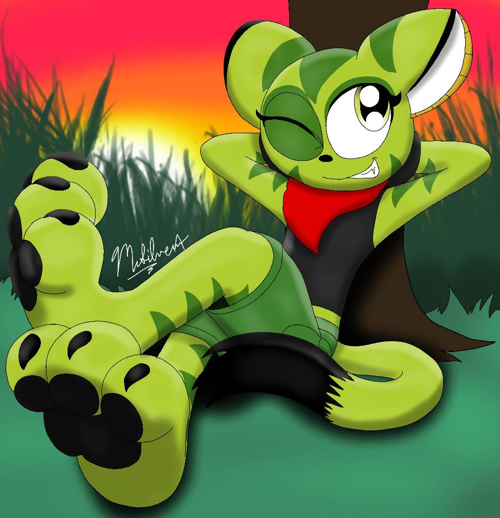 anthro bandanna barefoot bottomwear carol_tea claws clothing feet female freedom_planet fur galaxytrail green_body green_eyes green_fur kerchief mrsilveralpha one_eye_closed pawpads paws shorts soles solo tail toes