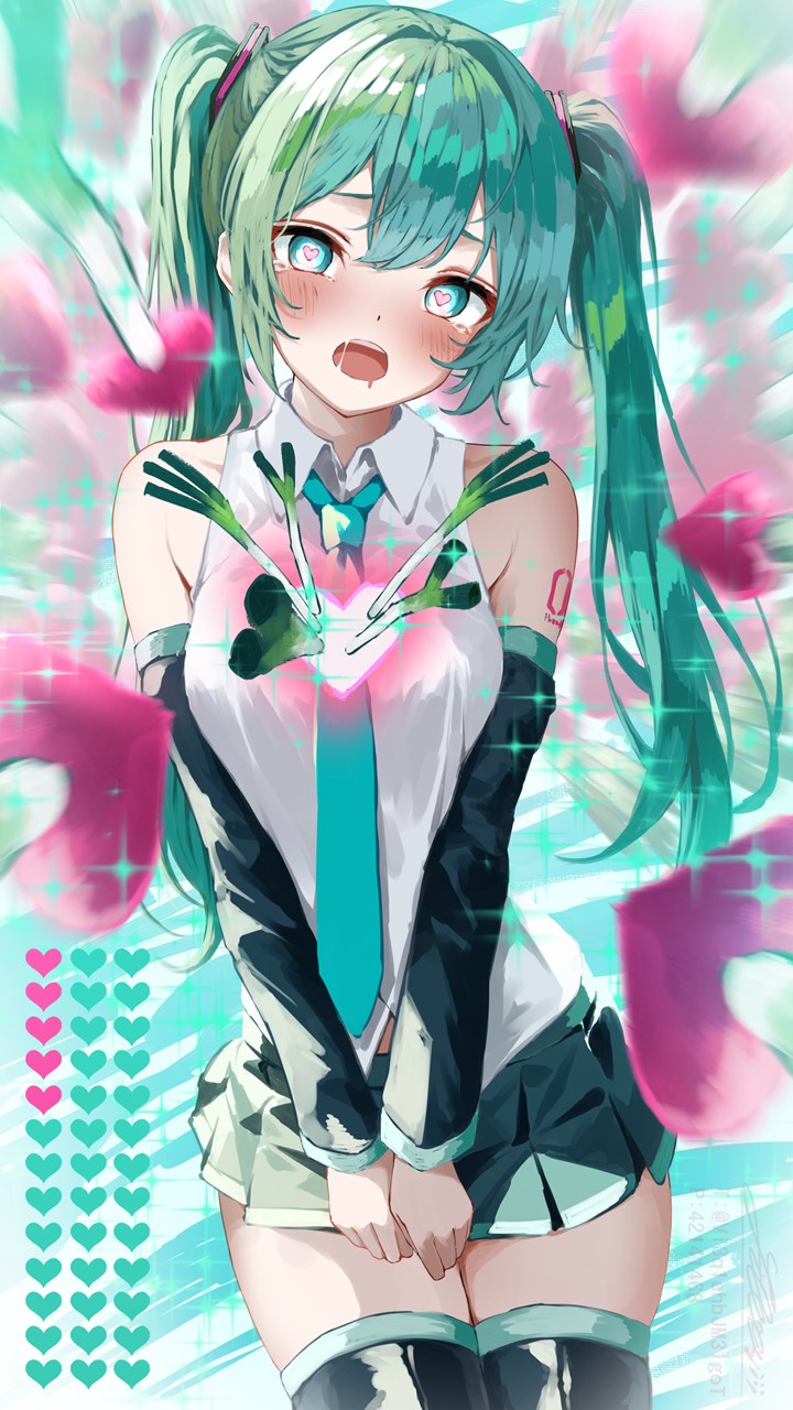 1girl aqua_eyes aqua_hair aqua_necktie arm_tattoo arrow_(projectile) arrow_through_heart bare_shoulders black_footwear black_sleeves blush boots commentary cowboy_shot detached_sleeves drooling green_skirt grey_shirt hair_between_eyes hair_ornament hatsune_miku heart heart-shaped_pupils highres long_hair looking_at_viewer motion_blur necktie number_tattoo open_mouth pleated_skirt shirt shirubaa skirt sleeveless sleeveless_shirt solo sparkle spring_onion standing symbol-shaped_pupils tattoo tearing_up teeth thigh_boots twintails upper_teeth_only v_arms vocaloid zettai_ryouiki