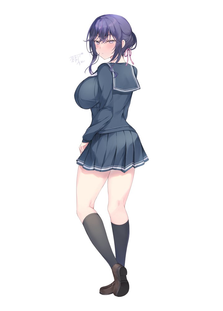 1girl aotsu_karin black_footwear black_sailor_collar black_serafuku black_skirt black_socks blush breasts closed_mouth commentary_request crossed_bangs from_behind full_body hair_between_eyes large_breasts looking_at_viewer looking_back original purple_eyes purple_hair sailor_collar school_uniform serafuku signature simple_background skirt socks solo standing white_background