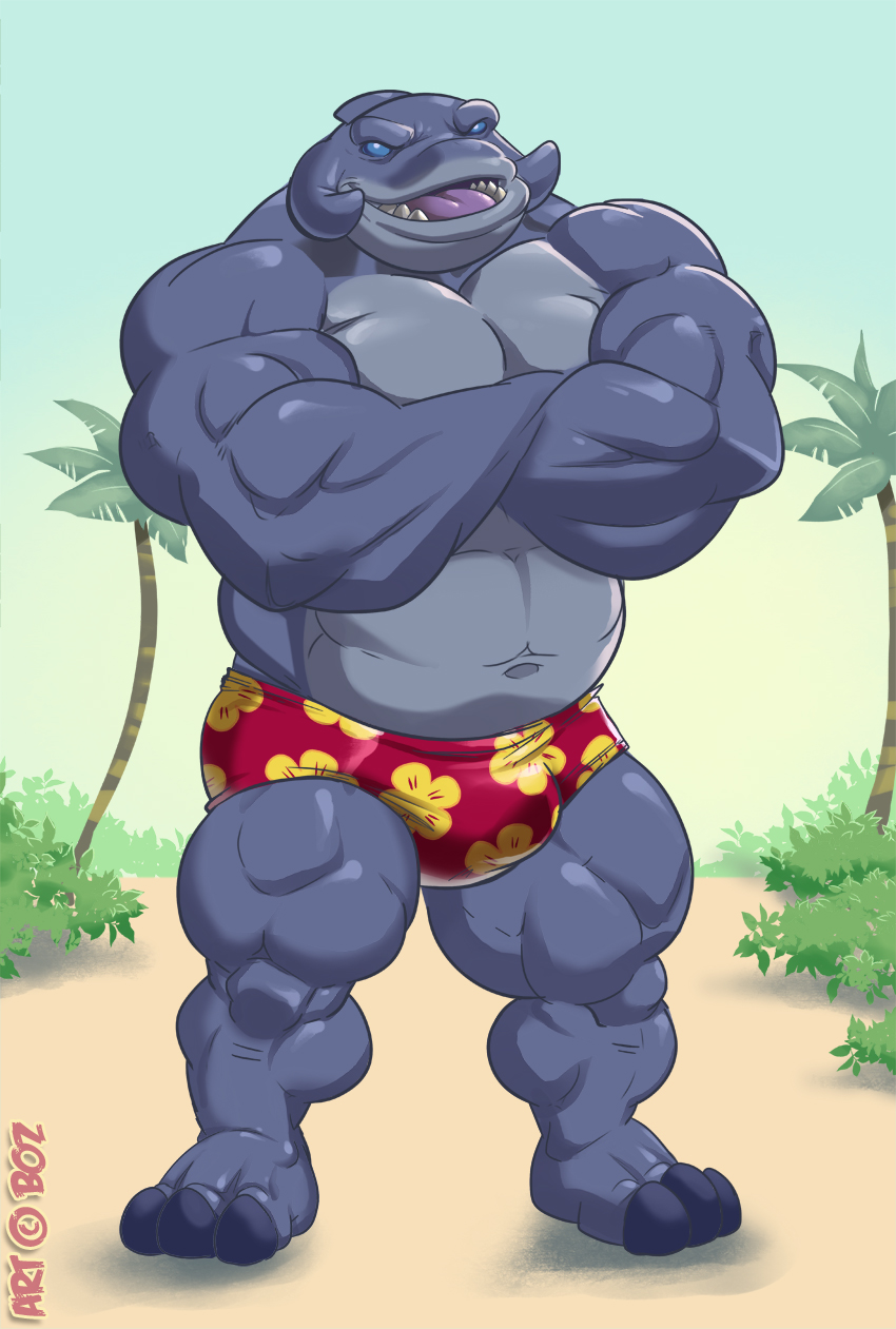 alien biceps big_muscles blue_eyes bulge clothed clothing da_boz disney gantu genital_outline hi_res lilo_and_stitch male muscular navel open_mouth palm_tree pecs penis_outline plant solo speedo swimwear tongue topless tree