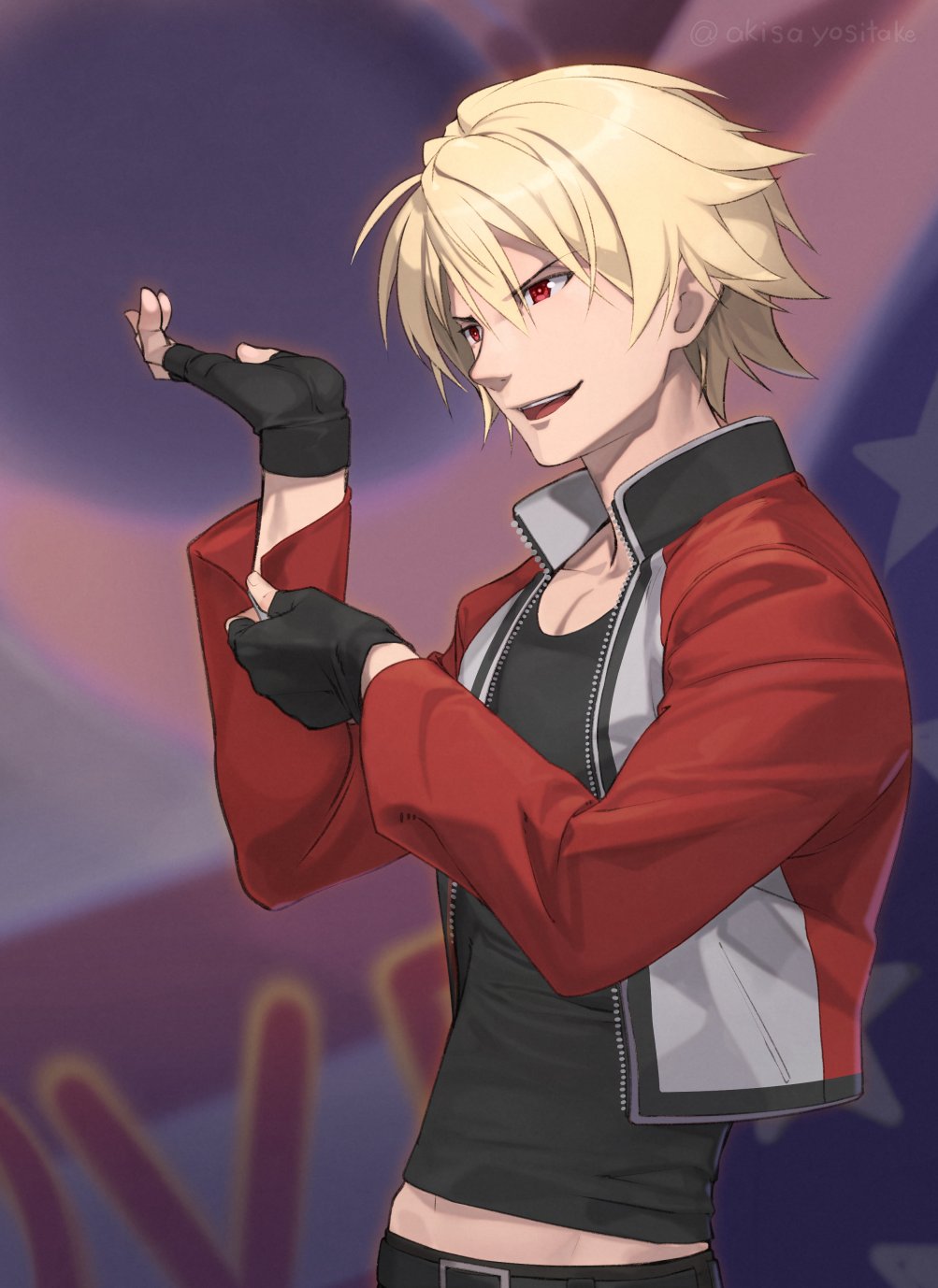 1boy akisa_yositake black_gloves blonde_hair fatal_fury fingerless_gloves garou:_mark_of_the_wolves gloves highres jacket long_sleeves looking_to_the_side male_focus open_mouth red_eyes red_jacket rock_howard short_hair smile solo the_king_of_fighters