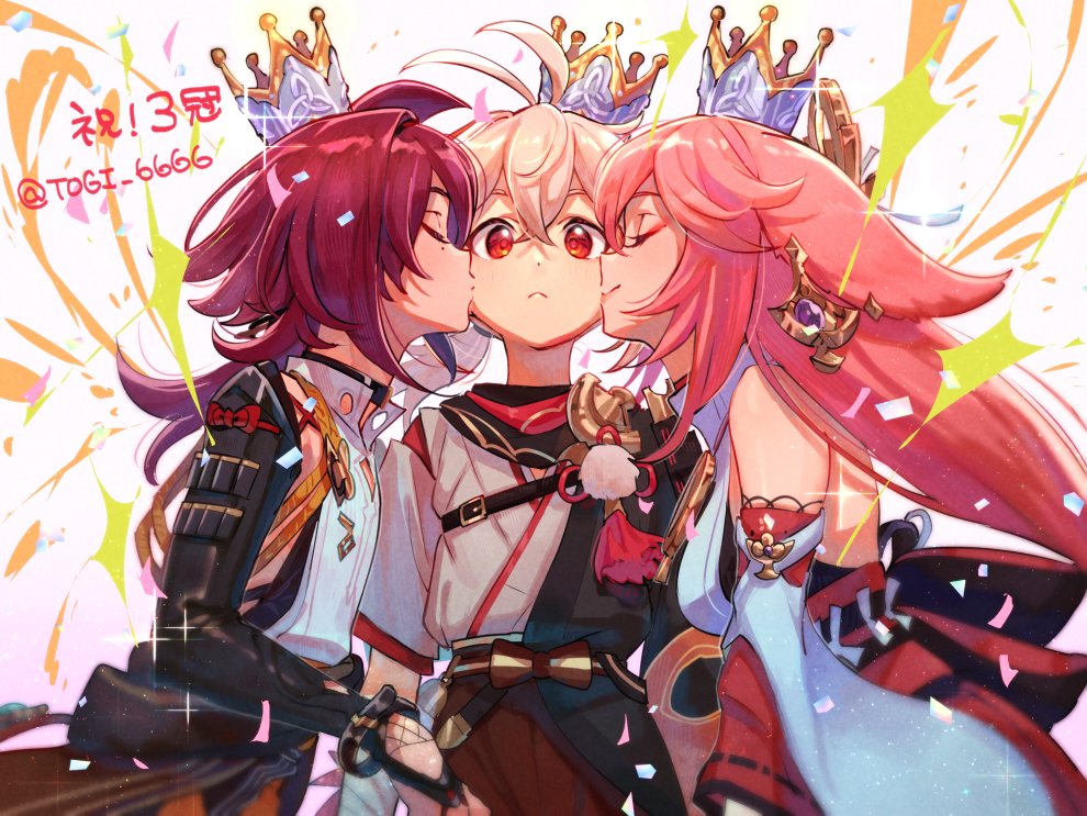 1girl 2boys animal_ears armor black_choker boy_and_girl_sandwich breasts choker closed_eyes closed_mouth crown detached_sleeves earrings fox_ears genshin_impact grey_hair hair_between_eyes japanese_armor japanese_clothes jewelry kaedehara_kazuha kiss kissing_cheek long_hair looking_at_viewer makeup medium_breasts miko mole mole_under_eye multicolored_hair multiple_boys pink_hair ponytail red_eyes red_hair sandwiched shikanoin_heizou simple_background sparkle streaked_hair tassel togi9999 twitter_username very_long_hair wide_sleeves yae_miko