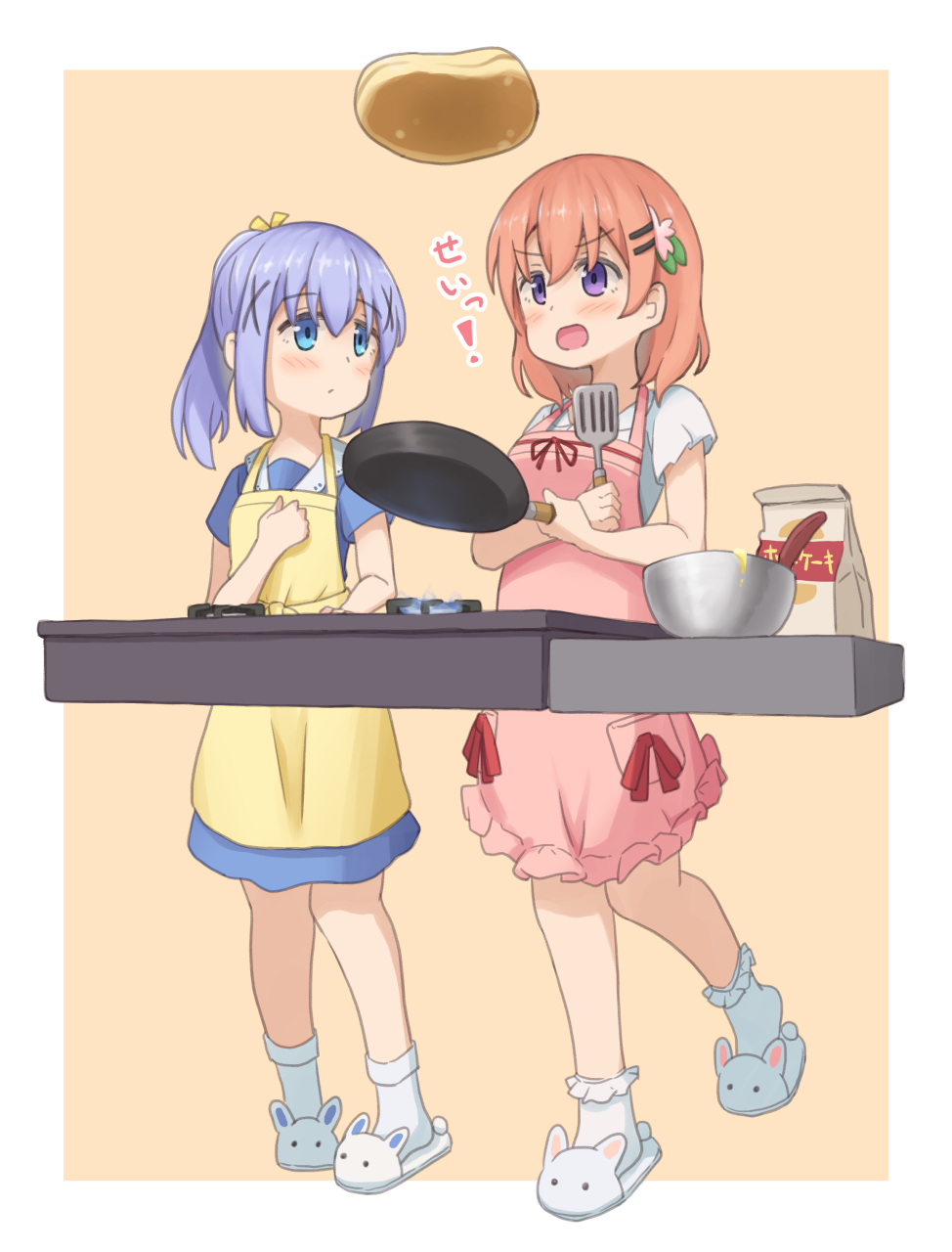 2girls animal_slippers apron blue_dress blue_eyes blue_hair blush bobby_socks border bunny_slippers closed_mouth collared_dress collared_shirt commentary_request cooking dress flour food frilled_apron frilled_socks frills frying_pan full_body gochuumon_wa_usagi_desu_ka? hair_between_eyes hair_ornament hairclip highres holding holding_frying_pan holding_spatula hoto_cocoa kafuu_chino light_blue_hair long_hair looking_at_another mixing_bowl mohei multiple_girls open_mouth orange_hair pancake pink_apron ponytail purple_eyes red_ribbon ribbon shirt short_hair short_sleeves sidelocks simple_background slippers socks spatula standing standing_on_one_leg stove white_border white_footwear white_shirt white_socks x_hair_ornament yellow_apron yellow_background