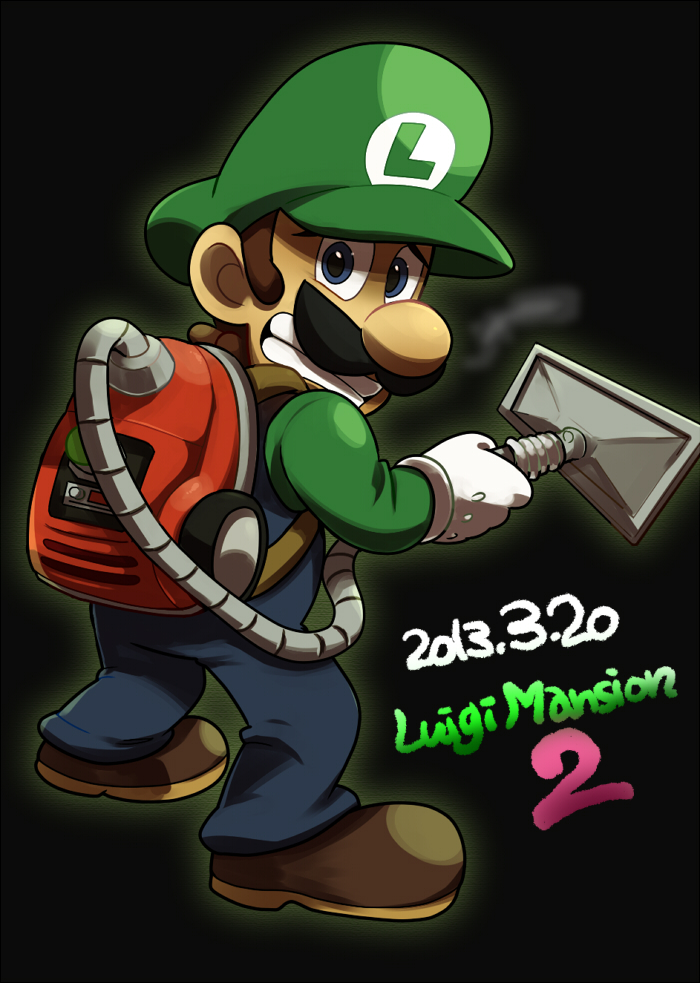 1boy backpack bag black_background blue_eyes blue_overalls blue_pants brown_footwear brown_hair clenched_teeth commentary_request copyright_name dated facial_hair from_behind full_body gloves green_headwear green_shirt hand_up hat holding_vacuum_cleaner kinashi long_sleeves looking_at_viewer luigi luigi's_mansion luigi's_mansion:_dark_moon male_focus mario_(series) mustache overalls pants poltergust_5000 raised_eyebrows scared shirt shoes short_hair simple_background solo standing teeth vacuum_cleaner white_gloves