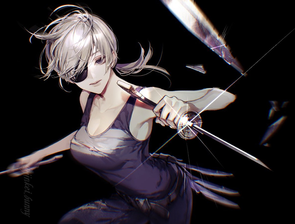 1girl arms_up artist_name bare_shoulders belt black_background black_belt black_eyes breasts broken_glass chainsaw_man cleavage closed_mouth collarbone dark_background eyepatch glass grey_hair hair_between_eyes hands_up holding holding_sword holding_weapon katana koshika_rina lips looking_at_viewer medium_breasts pants purple_pants purple_shirt quanxi_(chainsaw_man) shirt short_hair simple_background sleeveless sleeveless_shirt solo sparkle standing sword t-shirt watermark weapon