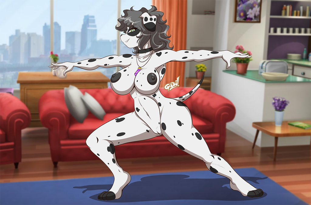 anthro breasts canid canine canis dalmatian domestic_dog female furniture genitals grey_hair hair mammal mastergodai nipples nude pussy sofa solo spots spotted_body