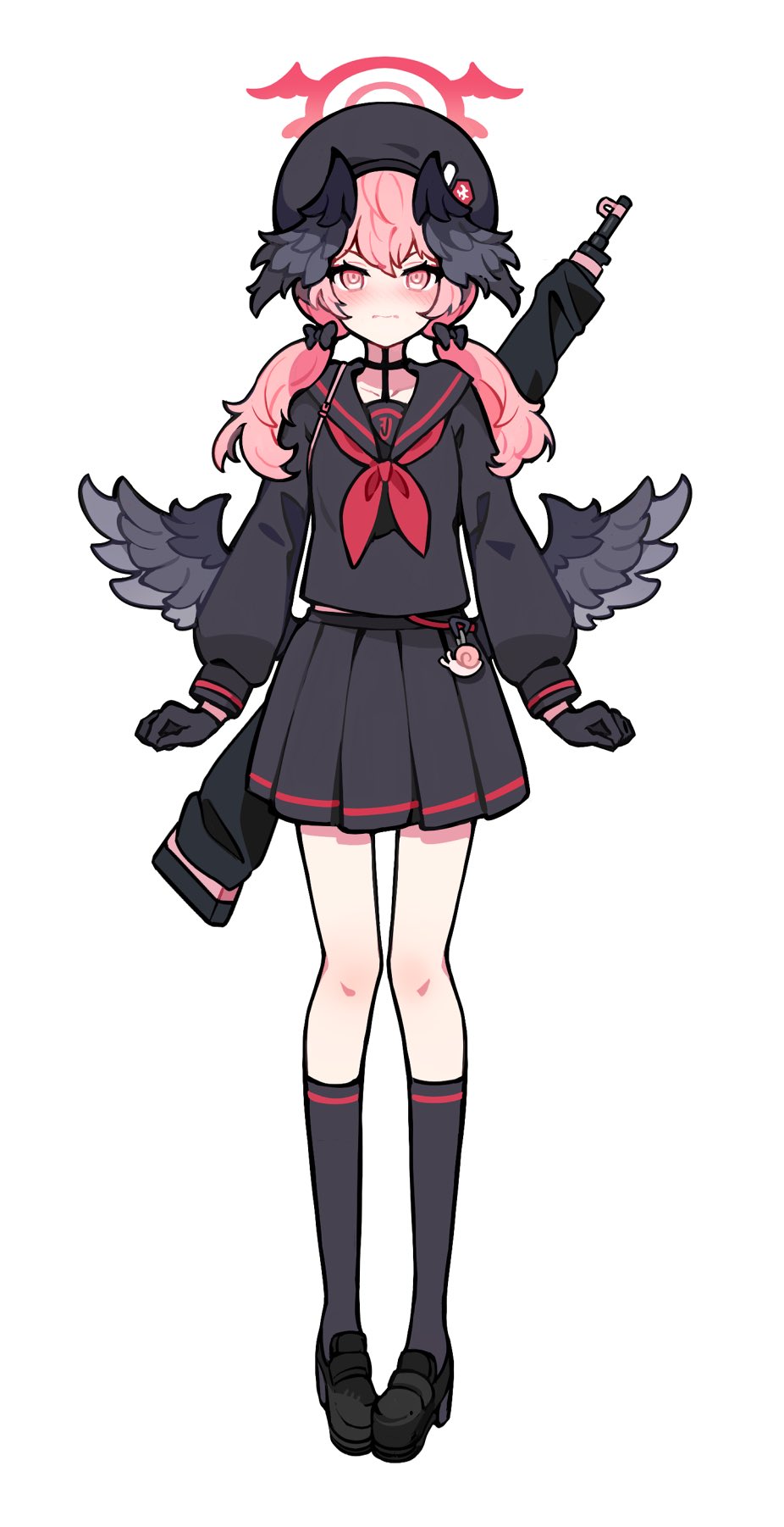 1girl alternate_costume beret birthmark black_footwear black_gloves black_headwear black_sailor_collar black_serafuku black_shirt black_skirt black_socks black_wings blue_archive clenched_hands closed_mouth double-parted_bangs feathered_wings full_body gloves hair_between_eyes halo hat head_wings highres ideolo koharu_(blue_archive) long_sleeves low_twintails low_wings midriff_peek miniskirt neckerchief pink_eyes pink_hair pink_halo pleated_skirt puffy_long_sleeves puffy_sleeves red_neckerchief sailor_collar school_uniform serafuku shirt simple_background skirt socks solo standing twintails weapon weapon_on_back white_background wings