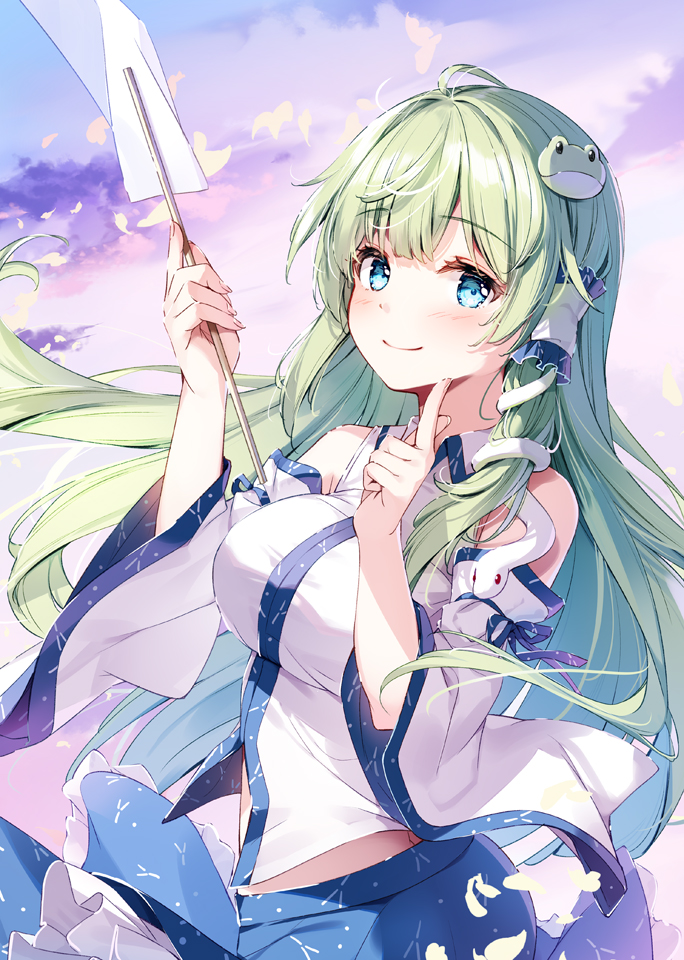1girl bare_shoulders blue_eyes blue_skirt blush breasts closed_mouth detached_sleeves frilled_skirt frills frog_hair_ornament gohei green_hair hair_ornament hair_tubes holding holding_gohei japanese_clothes kochiya_sanae large_breasts long_hair miyase_mahiro nontraditional_miko skirt smile snake_hair_ornament solo touhou white_sleeves wide_sleeves