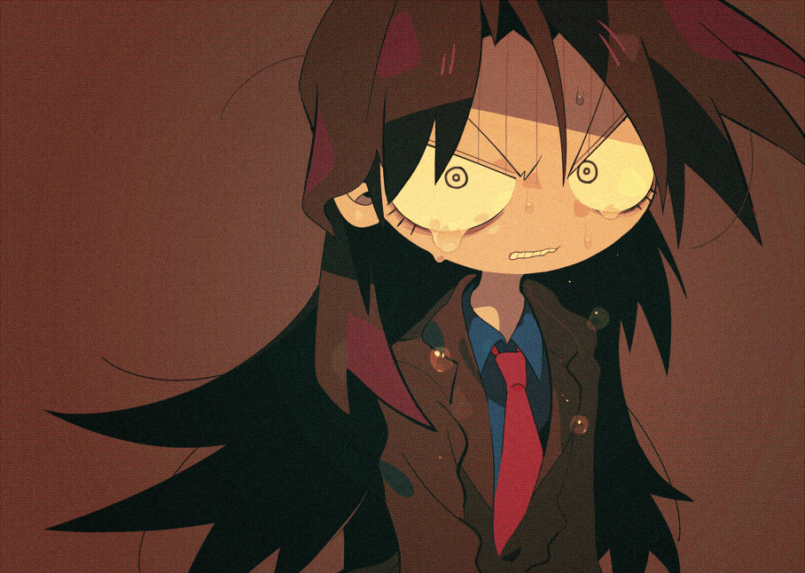 1boy blazer blue_shirt brown_background brown_hair brown_jacket clenched_teeth collared_shirt commentary_request crying crying_with_eyes_open ichijou_seiya jacket kaiji long_hair long_sleeves looking_at_viewer male_focus medium_bangs necktie parted_bangs red_necktie shirt solo suit suzuka_g tears teeth upper_body v-shaped_eyebrows white_eyes