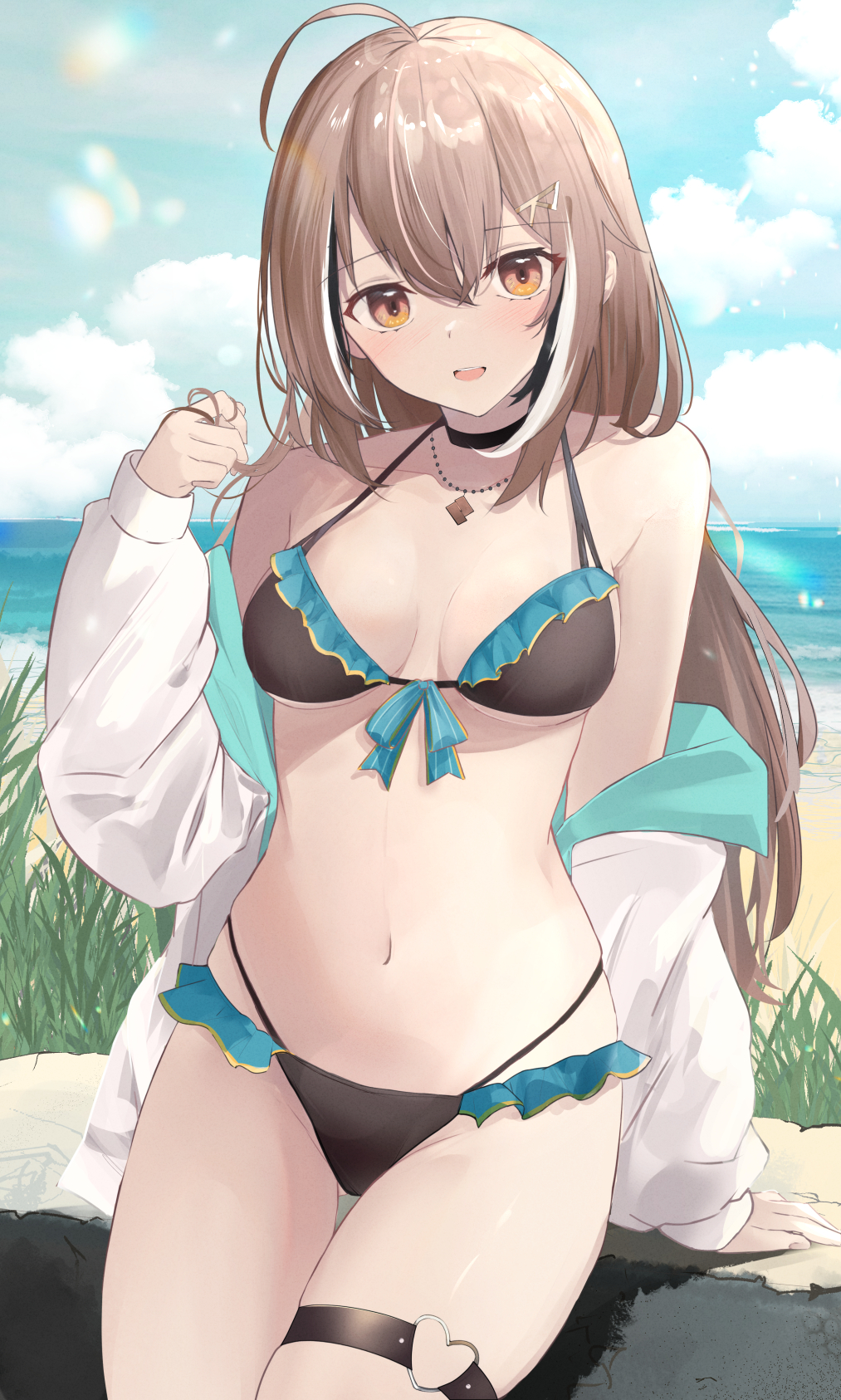 1girl ahoge bare_shoulders bikini black_bikini black_choker blue_sky breasts brown_eyes brown_hair choker cleavage cloud cloudy_sky day hair_between_eyes hair_ornament highres hololive hololive_english hood hoodie long_hair medium_breasts multicolored_hair nanashi_mumei navel outdoors shuuzo3 sky smile solo streaked_hair swimsuit thigh_strap very_long_hair virtual_youtuber