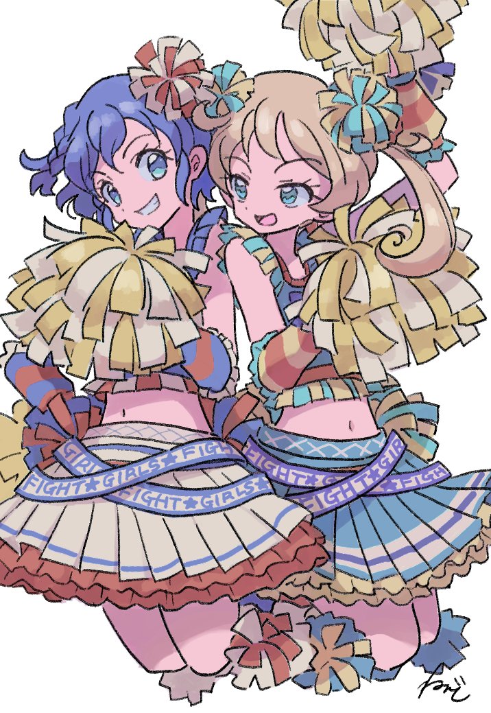 2girls :d arm_up blonde_hair blue_eyes blue_hair blue_shirt blue_skirt cheerleader cropped_shirt detached_sleeves dorothy_west grin hand_on_own_hip hand_up holding holding_pom_poms jumping kiratto_pri_chan long_hair looking_at_another midriff moegi_emo multiple_girls open_mouth pleated_skirt pom_pom_(cheerleading) pretty_(series) pripara rituyama1 shirt short_hair signature simple_background skirt smile twintails white_background yellow_skirt