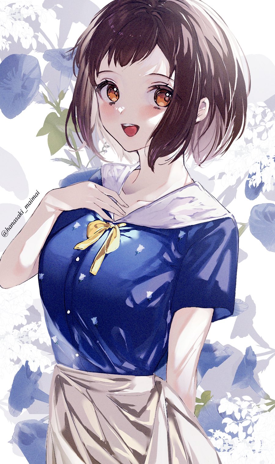 1girl :d arm_behind_back bang_dream! blouse blue_shirt blush bow breasts brown_eyes brown_hair buttons collarbone commentary_request floral_background floral_print flower hand_on_own_chest hazawa_tsugumi highres looking_at_viewer open_mouth sailor_collar sakurahara shirt shirt_tucked_in short_hair sidelocks skirt smile solo swept_bangs teeth twitter_username upper_teeth_only white_sailor_collar yellow_bow yellow_skirt