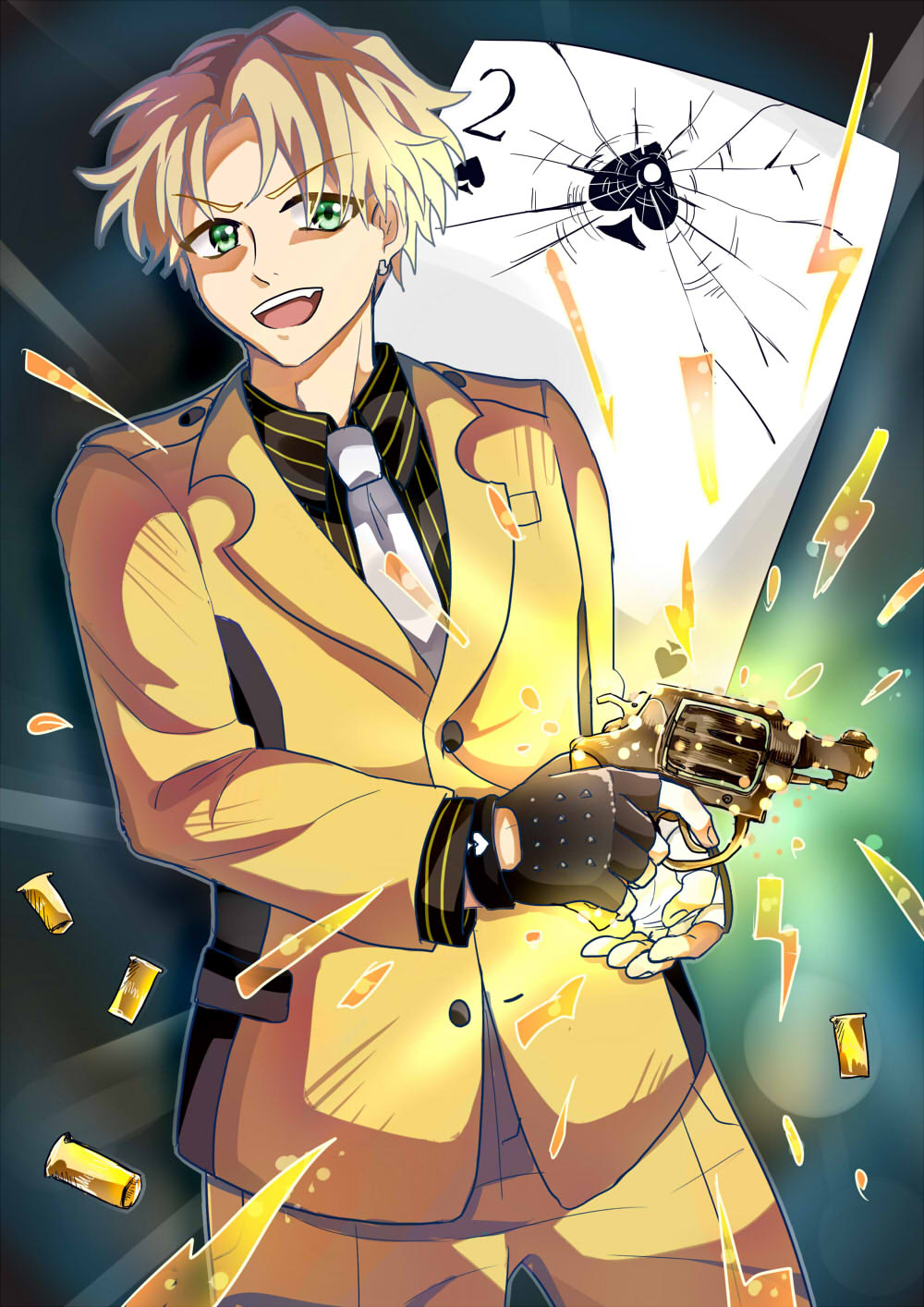 1boy black_gloves bullet card earrings fingerless_gloves finn_oldman gloves green_eyes gun high_card highres holding holding_gun holding_weapon jewelry long_sleeves male_focus necktie okahinagi open_mouth pants playing_card short_hair solo standing suit weapon white_necktie yellow_pants yellow_suit