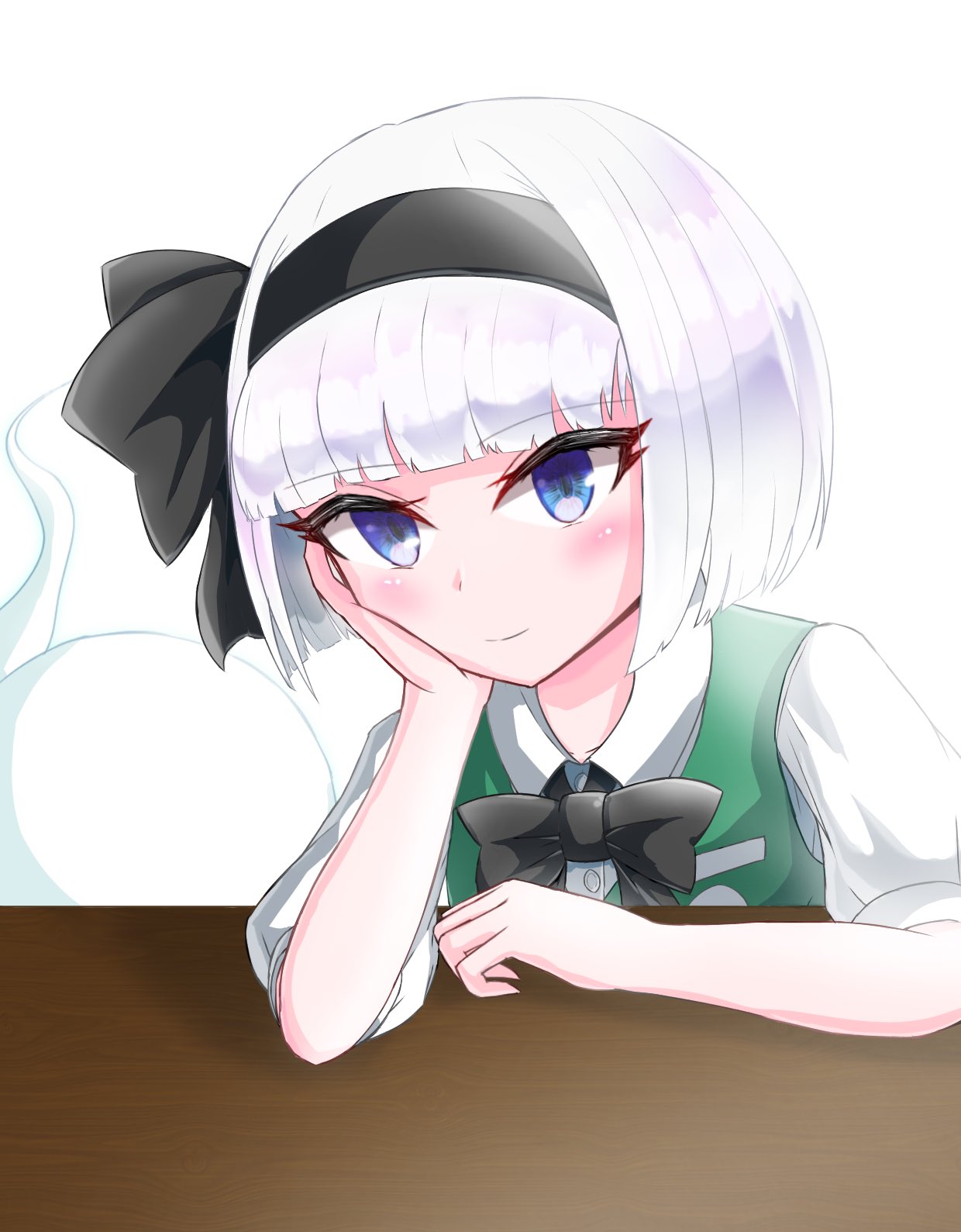 1girl arm_on_table black_bow black_bowtie black_hairband black_ribbon blue_eyes bob_cut bow bow_hairband bowtie collared_shirt elbow_on_table green_vest gvxvg00 hair_ribbon hairband head_rest highres konpaku_youmu konpaku_youmu_(ghost) light_smile looking_at_viewer puffy_short_sleeves puffy_sleeves ribbon shirt short_hair short_sleeves simple_background solo table touhou upper_body vest white_background white_hair white_shirt