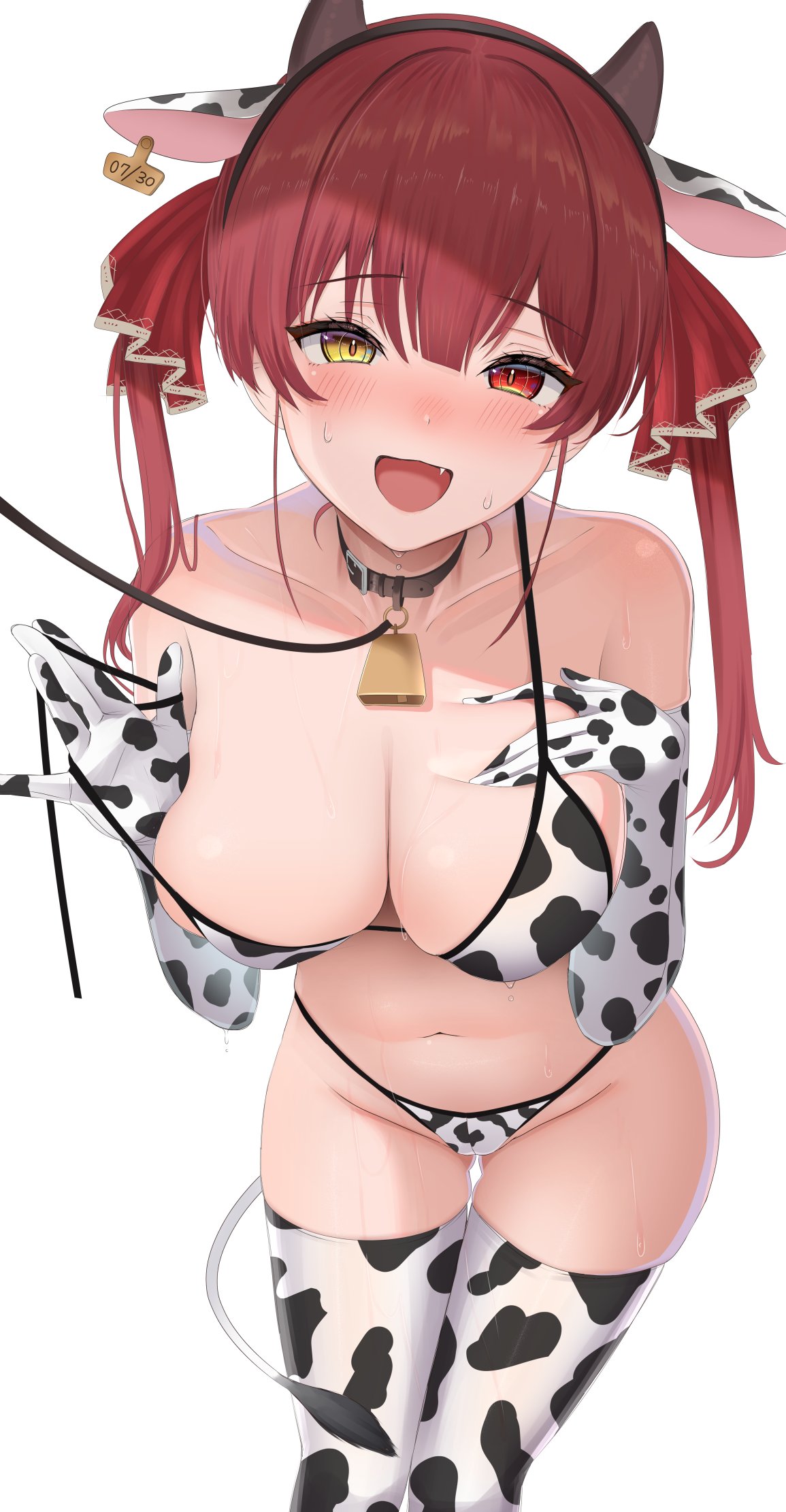 1girl animal_ears animal_print bare_shoulders bell bikini blush breasts cleavage collar cow_ears cow_horns cow_print cow_print_bikini cow_tail cowbell ear_tag embarrassed fake_horns fang gloves hair_ribbon heterochromia highres hololive horns houshou_marine kachikachipiroo large_breasts leash long_hair looking_at_viewer neck_bell open_mouth print_bikini print_gloves print_thighhighs red_eyes red_hair ribbon solo strap_pull sweat swimsuit tail thighhighs twintails virtual_youtuber yellow_eyes