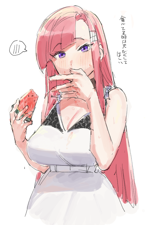 1girl bare_shoulders blunt_bangs blush breasts cleavage food fruit hair_ornament hairclip long_hair looking_at_viewer original pink_hair purple_eyes simple_background sketch sleeveless solo spoken_blush suisogenshi translation_request watermelon watermelon_slice white_background