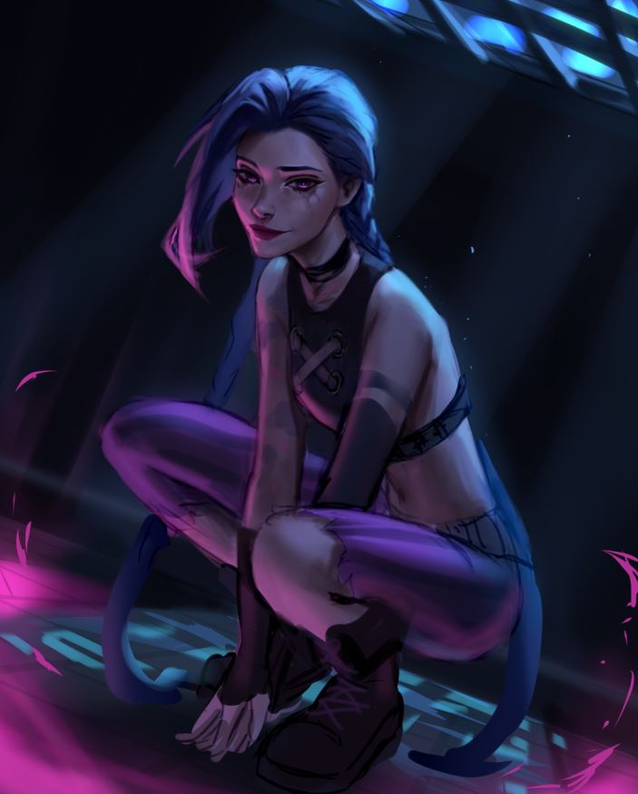 1girl arcane:_league_of_legends arcane_jinx arm_tattoo asymmetrical_bangs bare_shoulders black_choker blue_hair braid breasts choker cloud_tattoo crop_top dark fingerless_gloves gloves jinx_(league_of_legends) league_of_legends long_hair looking_at_viewer navel pants shirt shoulder_tattoo smile solo squatting stomach tattoo torn_clothes torn_pants twin_braids vatheja