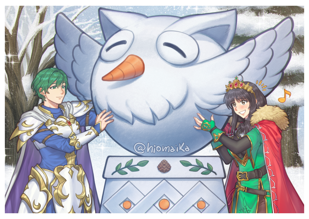 1boy 1girl armor bare_tree belt black_belt blue_jacket breastplate cape ced_(fire_emblem) commentary cowboy_shot feh_(fire_emblem_heroes) fingerless_gloves fire_emblem fire_emblem:_genealogy_of_the_holy_war fire_emblem:_thracia_776 fire_emblem_heroes fur-trimmed_cape fur_trim gloves green_eyes green_gloves green_hair green_robe grin hiomaika jacket long_sleeves mareeta_(fire_emblem) musical_note official_alternate_costume red_cape robe short_hair shoulder_armor sidelocks smile snow standing statue tiara tree