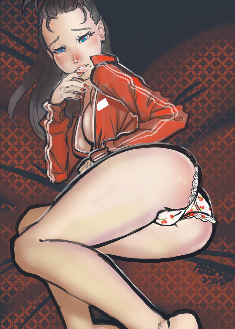 1girl abysmal0 black_hair blue_eyes blush breasts cameltoe cleavage food food_print fruit highres jacket medium_breasts mole mole_under_mouth no_bra no_shirt open_clothes open_jacket panties pantyshot pinup_(style) print_panties solo strawberry strawberry_panties strawberry_print track_suit underwear