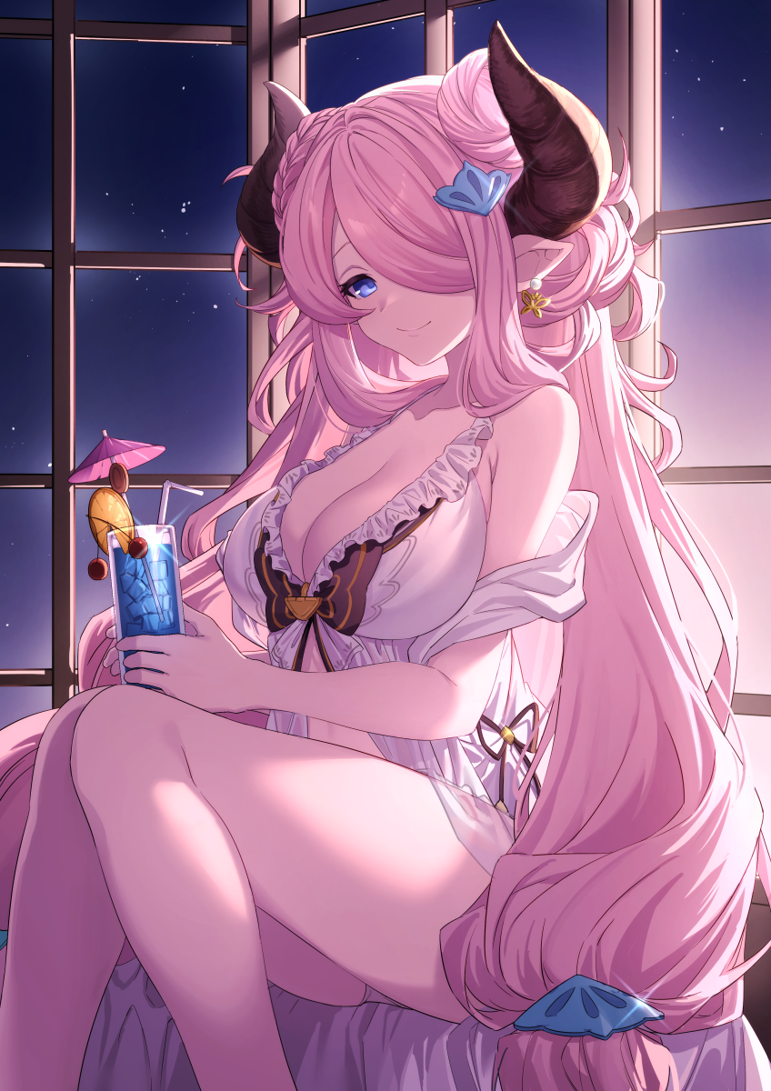 1girl alternate_costume bare_legs bikini blue_eyes breasts butterfly_earrings cleavage commentary cup double_bun draph drinking_straw earrings feb_itk feet_out_of_frame frilled_bikini frills glass gradient_sky granblue_fantasy hair_bun hair_over_one_eye highres holding holding_cup horns indoors jewelry large_breasts long_hair looking_at_viewer narmaya_(granblue_fantasy) narmaya_(summer)_(granblue_fantasy) off_shoulder official_alternate_costume pink_hair pointy_ears shell_hair_ornament sidelocks sky smile solo swimsuit very_long_hair white_bikini window