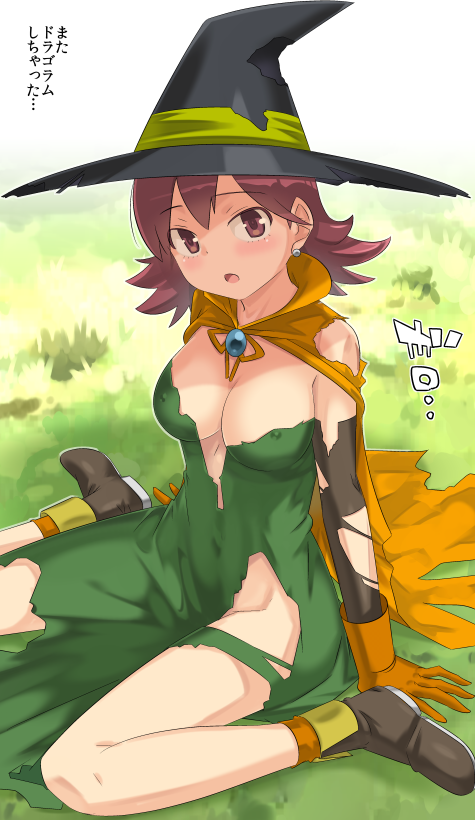 1girl breasts brown_eyes cape cleavage dragon_quest dragon_quest_iii dress earrings elbow_gloves full_body gloves grass hat imaichi jewelry looking_at_viewer mage_(dq3) open_mouth short_hair solo torn_clothes witch_hat