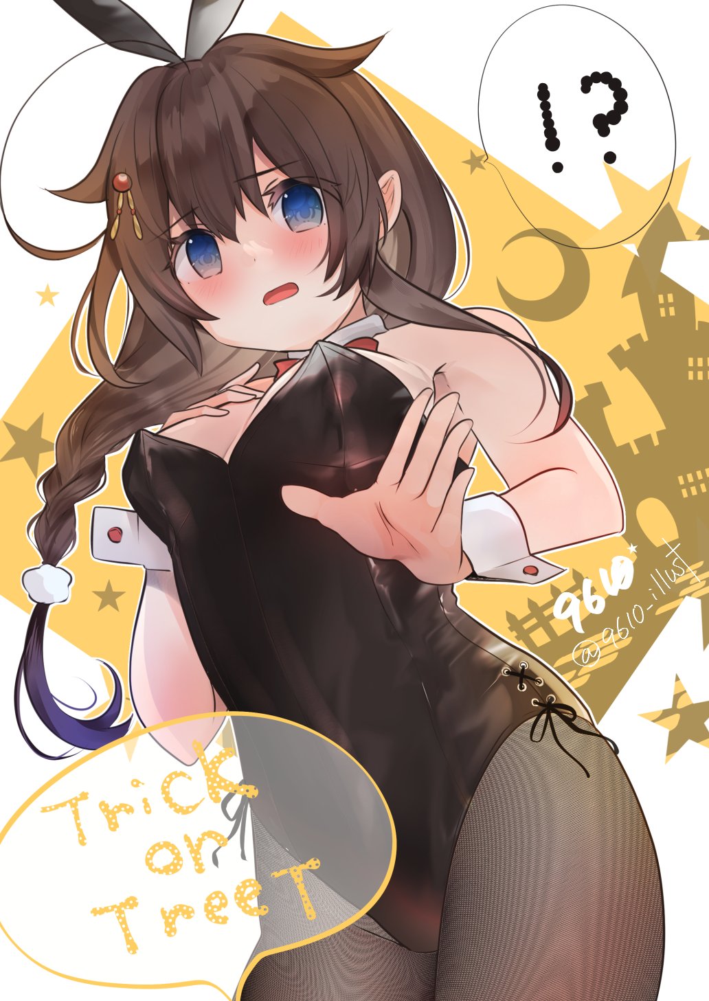 !? 1girl 9610_(kuroto) ahoge alternate_costume animal_ears artist_name black_hair black_leotard blue_eyes bow bowtie braid breasts cosplay crescent_moon dated detached_collar fishnet_pantyhose fishnets hair_flaps hair_over_shoulder halloween highres kantai_collection leotard medium_breasts moon pantyhose playboy_bunny rabbit_ears red_bow red_bowtie shigure_(kancolle) shigure_kai_san_(kancolle) single_braid solo standing wrist_cuffs