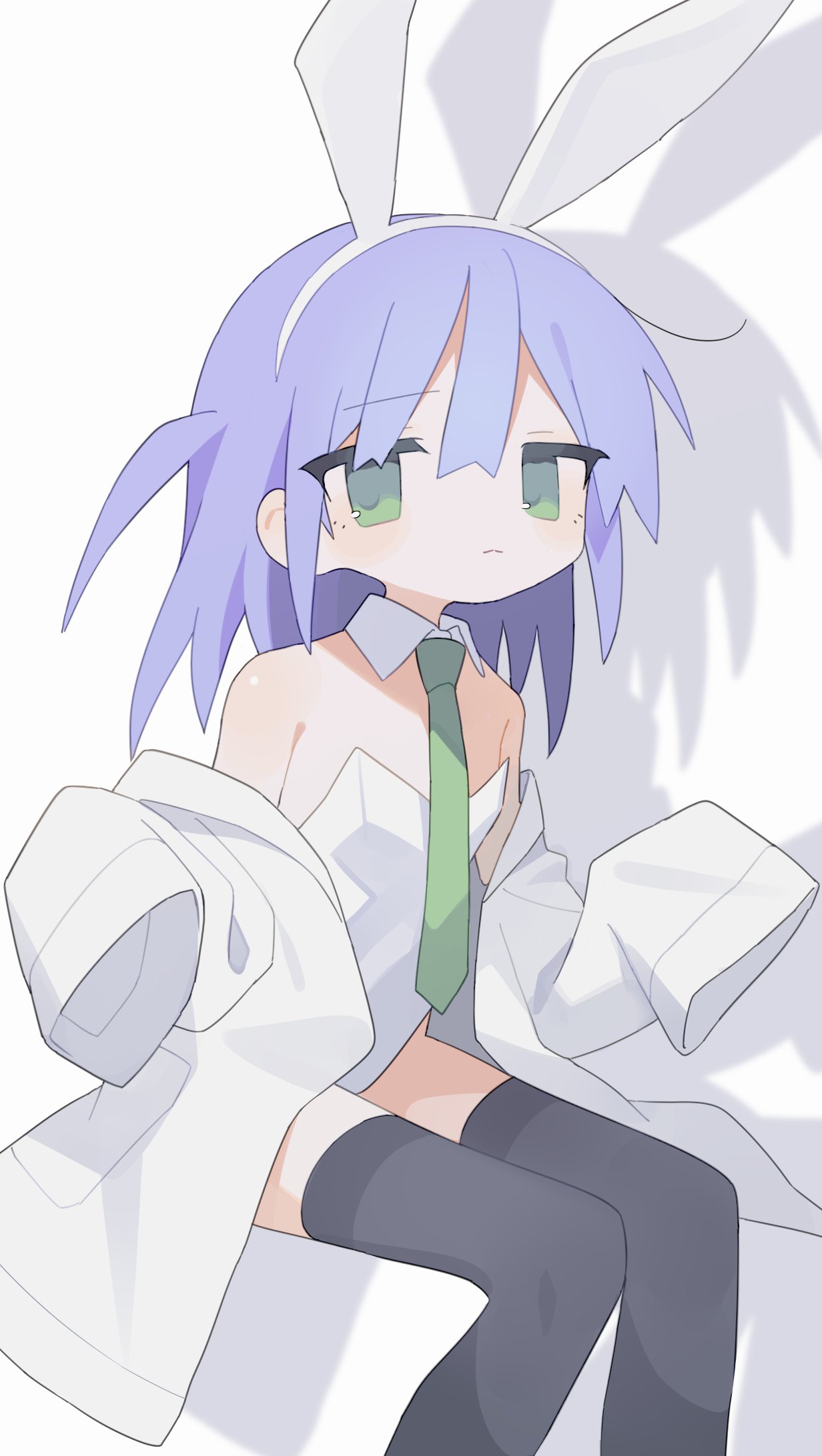 1girl animal_ears bare_shoulders black_thighhighs blue_hair closed_mouth coat daizu_(melon-lemon) detached_collar fake_animal_ears feet_out_of_frame flat_chest green_eyes green_necktie highres leotard long_hair long_sleeves looking_at_viewer necktie off_shoulder open_clothes open_coat original playboy_bunny rabbit_ears shadow sitting sleeves_past_fingers sleeves_past_wrists solo strapless strapless_leotard thighhighs white_background white_coat white_leotard
