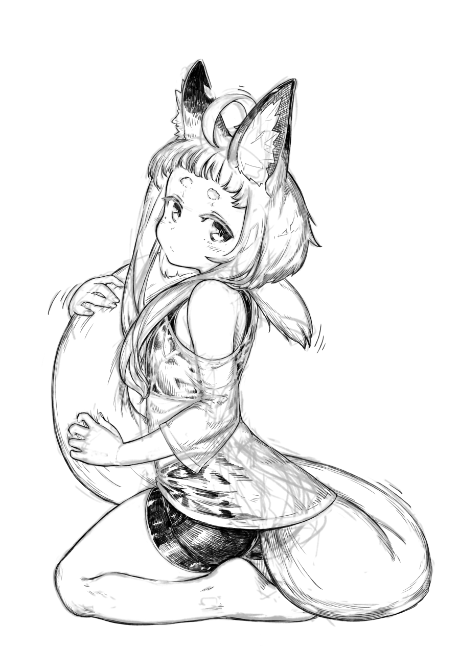 1girl ahoge animal_ear_fluff animal_ears barefoot bike_shorts fox_ears fox_girl_(jaco) fox_tail from_side full_body greyscale highres jaco large_tail long_sleeves looking_at_viewer looking_to_the_side monochrome off_shoulder original see-through shirt short_eyebrows simple_background sketch solo tail tail_hug thick_eyebrows white_background