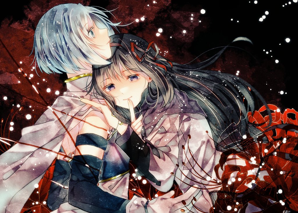 2girls akemi_homura black_hair blue_hair cape detached_sleeves finger_to_mouth flower gloves hammett_pizza hand_on_another's_shoulder long_hair looking_at_viewer looking_to_the_side magia_record:_mahou_shoujo_madoka_magica_gaiden magical_girl mahou_shoujo_madoka_magica miki_sayaka multiple_girls purple_eyes short_hair spider_lily white_cape white_gloves