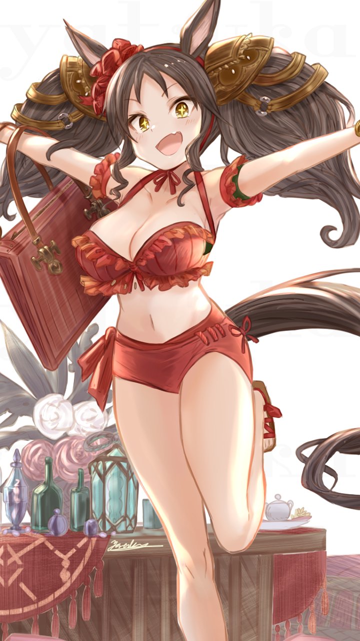 +_+ 1girl animal_ears bare_shoulders bikini blush breasts brown_eyes brown_hair cleavage collarbone highres horse_ears horse_girl horse_tail large_breasts long_hair looking_at_viewer marvelous_sunday_(umamusume) navel open_mouth red_bikini smile solo swimsuit tail thighs twintails umamusume yatsuka_(846)